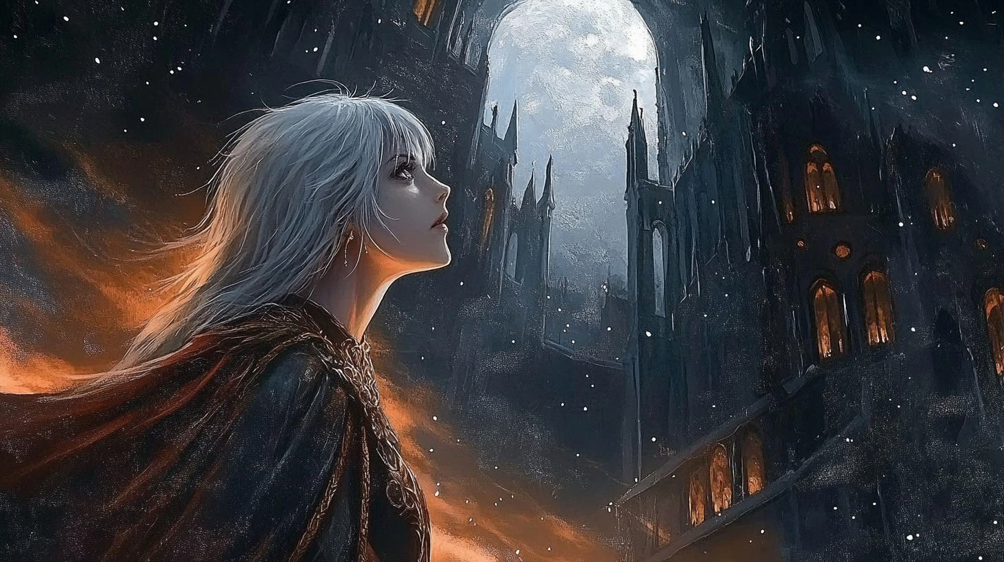 A silver-haired figure beneath a moonlit city